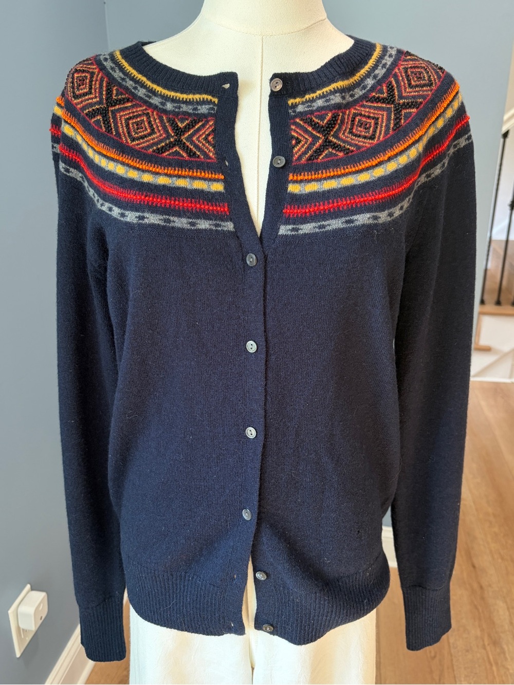 Lucky Brand Wool Fair Isle Beaded Cardigan Sweater Navy Size Medium